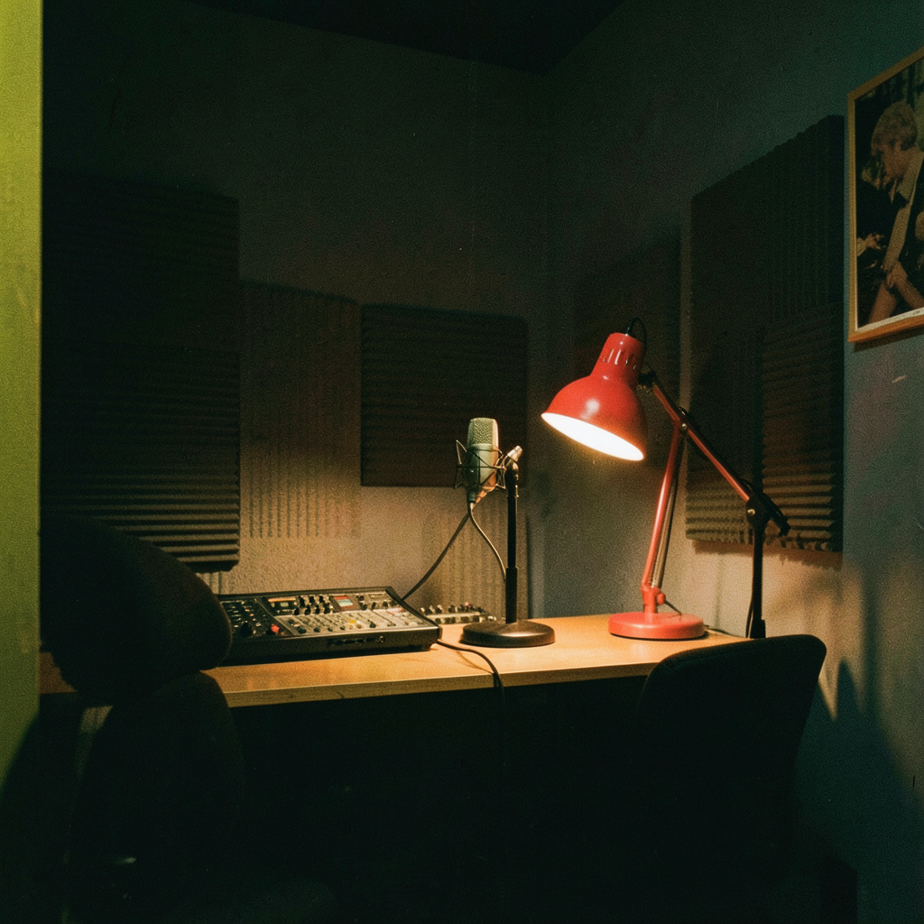 A darkened recording studio booth with a single microphone and a glowing red desk lamp, moody and atmospheric