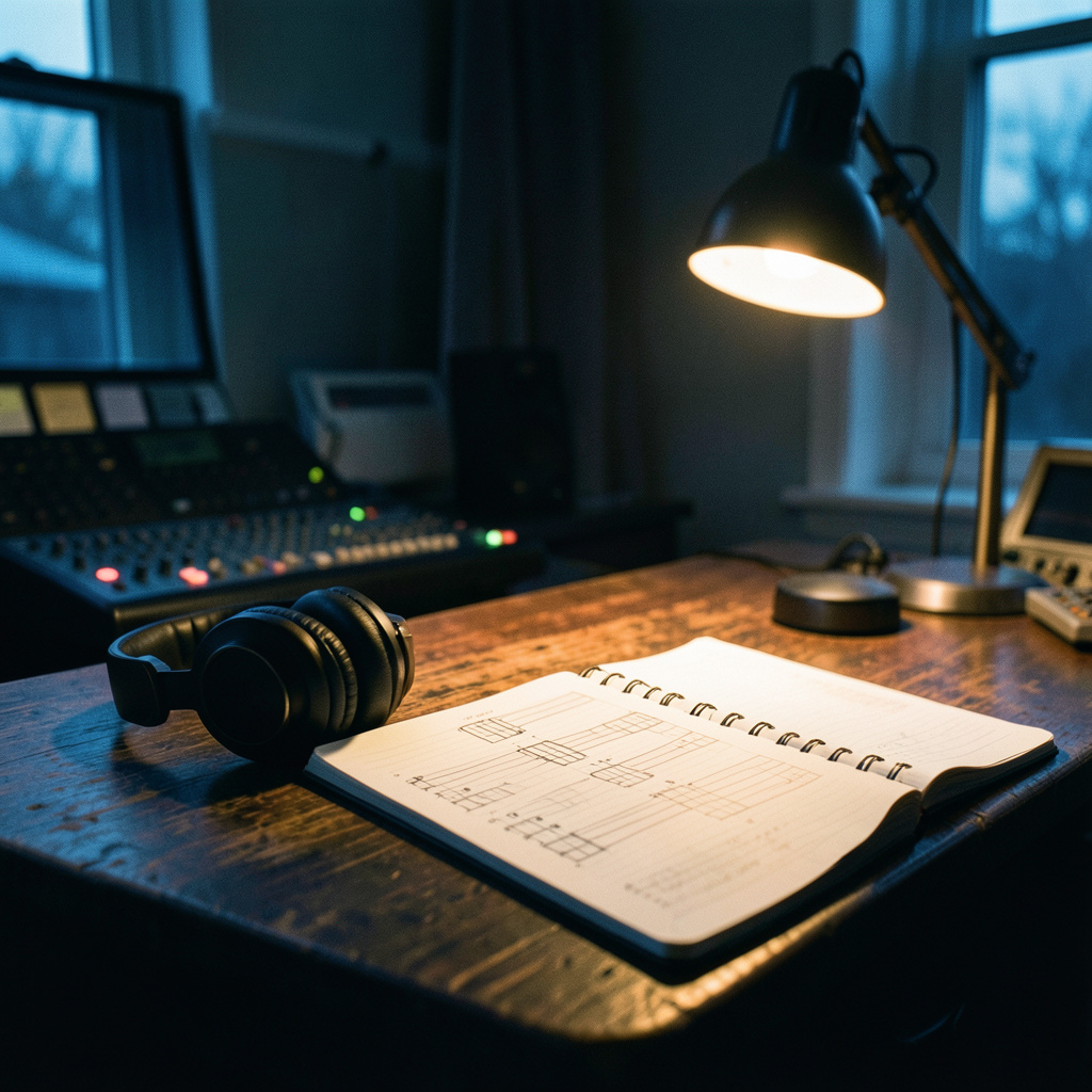 A dimly lit home studio at dusk, with closed-back headphones resting on a worn wooden surface, in deep green and warm gold tones