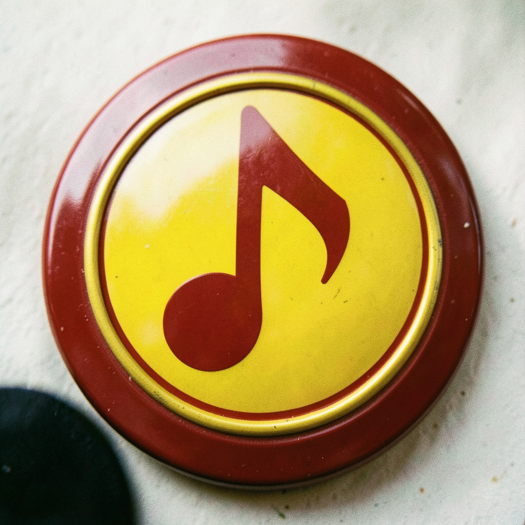 Crimson and gold music note emblem on a circular badge, simple and bold